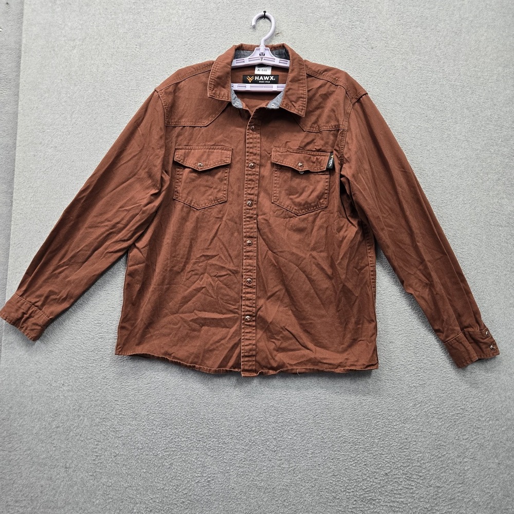 HAWX Men Button Up Shirt M Brown Work Shirt Twill Western Long Sleeve